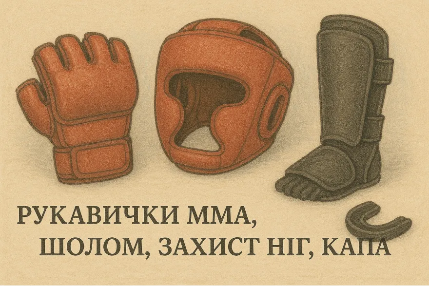 Екіпірування для ММА: рукавички, шолом, захист ніг, капа
