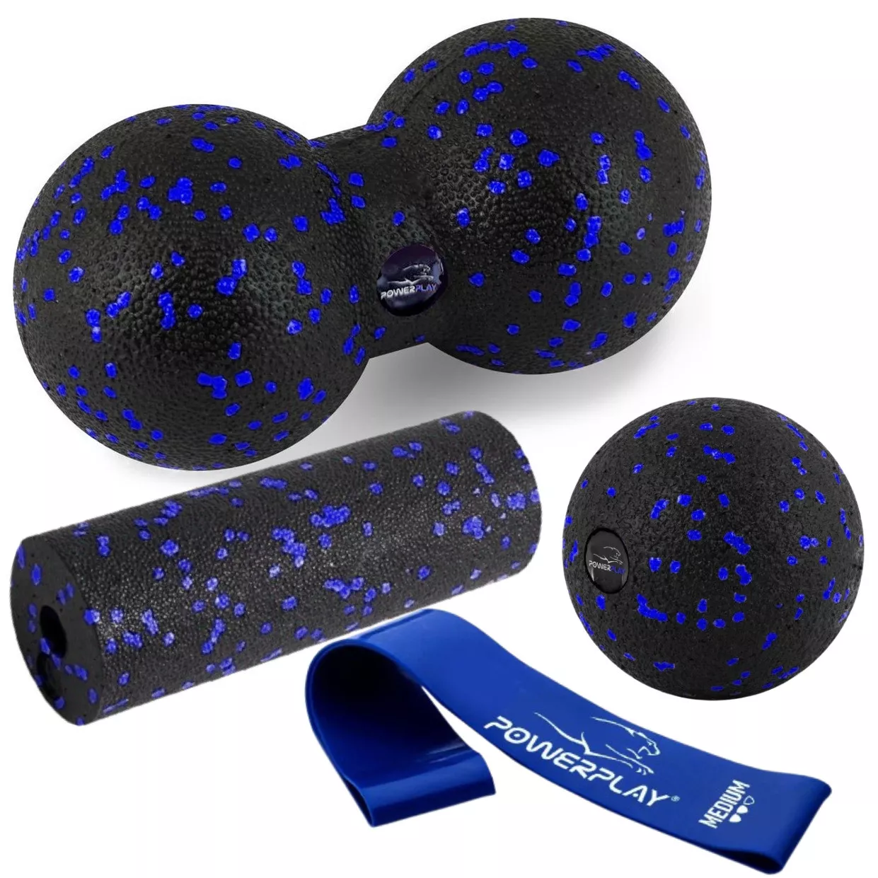 Набор для массажа и йоги PowerPlay PP_4091 EPP (2 мячика + валик массажер 15*5,3 см.) Blue + резинка 7,5 кг.
