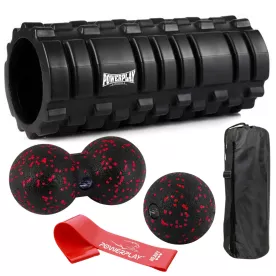 Набор для массажа и йоги PowerPlay PP_4096 (ролик 33*14 + 2-я мячи) Black + резинка 11 кг.