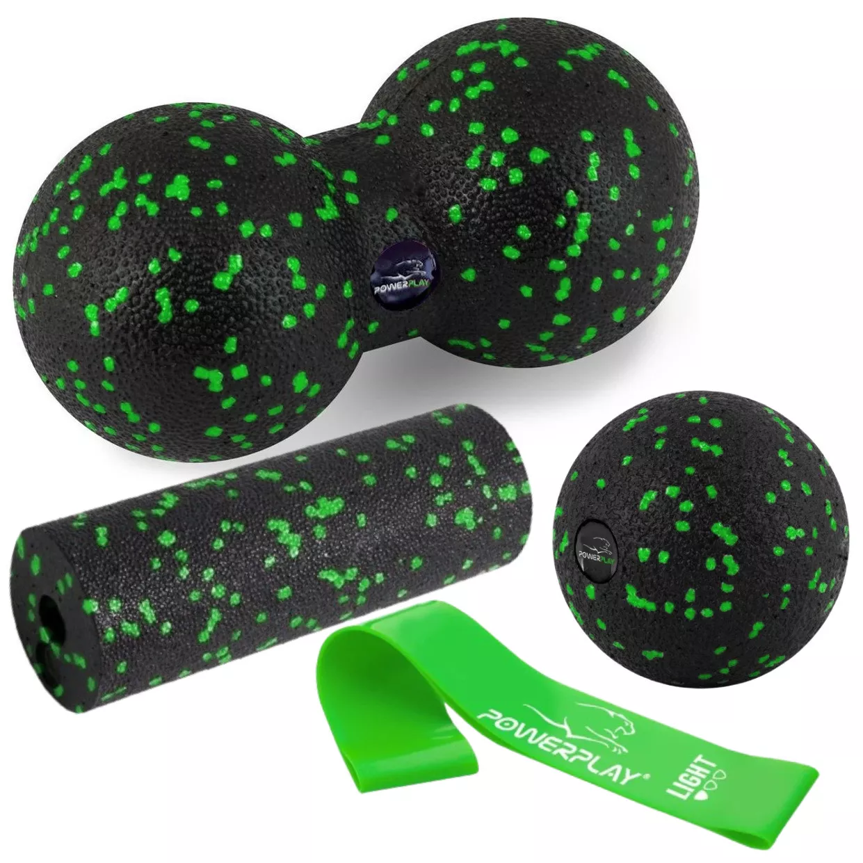 Набор для массажа и йоги PowerPlay PP_4091 EPP (2 мячика + валик массажер 15*5,3 см.) Green + резинка 5.5 кг.