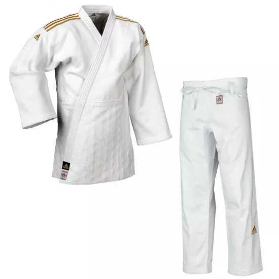 Кимоно для дзюдо Adidas Champion II с лицензией IJF Slim Fit Белое/золотые полосы-155