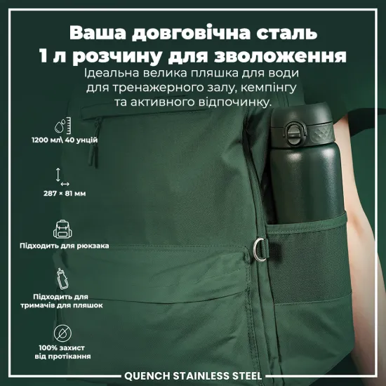 Бутылка для воды металлическая ION8 1200 мл. Stainless Steel Dark Green
