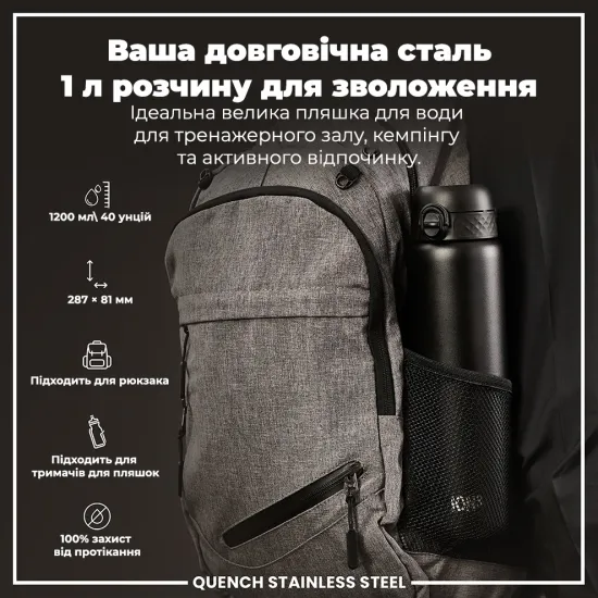 Бутылка для воды металлическая ION8 1200 мл. Stainless Steel Black