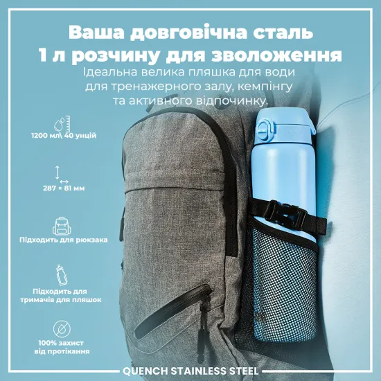 Бутылка для воды металлическая ION8 1200 мл. Stainless Steel Alaska Blue