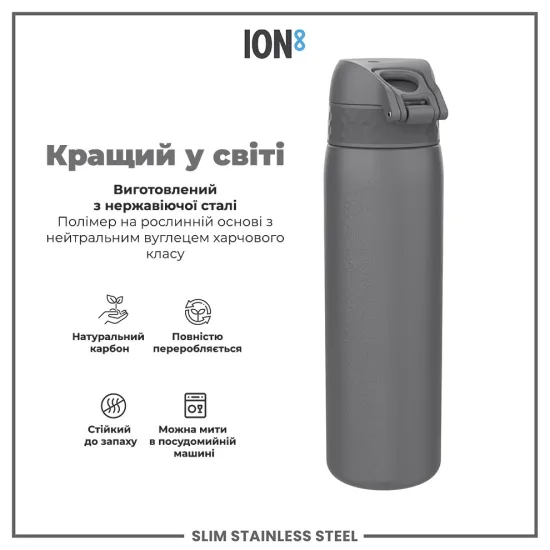Бутылка для воды металлическая ION8 600 мл. Stainless Steel Grey