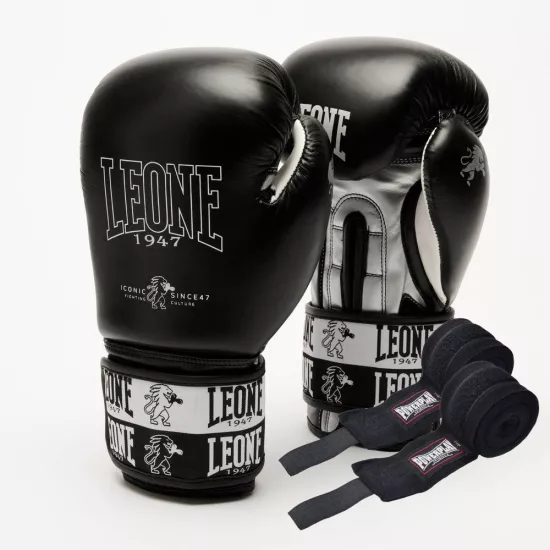 Боксерські рукавиці Leone GN208 ICONIC Black 10 унцій (бинти 4 м. в комплекті)