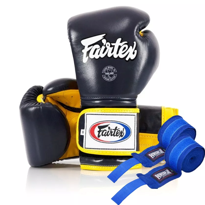Боксерские перчатки Fairtex BGV9 Mexican Blue/Yellow 10 унций (бинты в комплекте)
