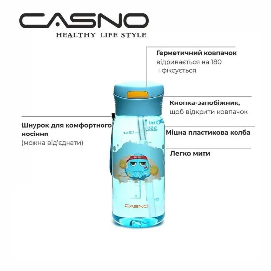 Пляшка для води CASNO 400 мл KXN-1195 Синя (восьминіг) із соломинкою
