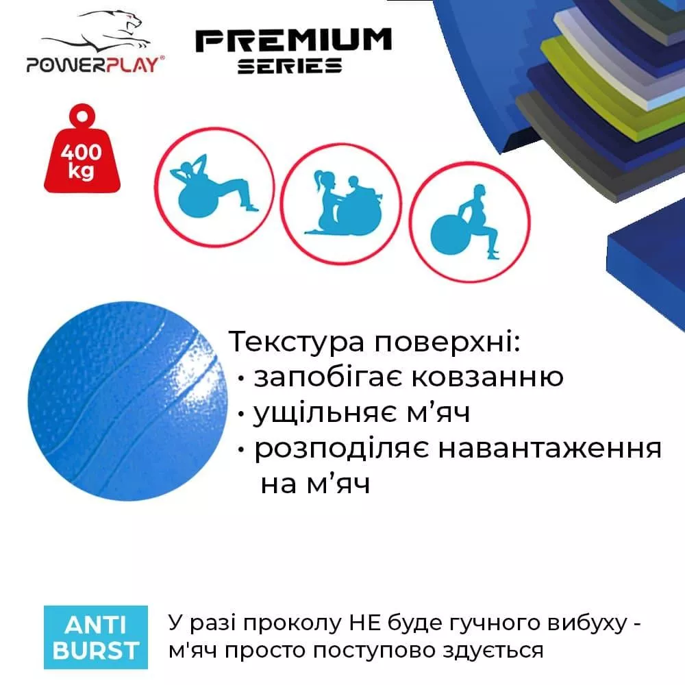 Мяч для фитнеса упрочненный PowerPlay 4000 Premium 65 см Синий + насос