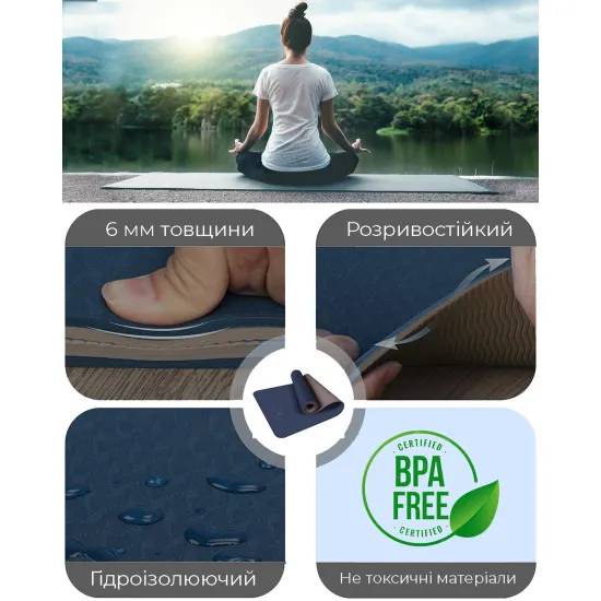 Килимок для йоги та фітнесу PowerPlay 4150 Premium TPE 183*61 см Синій