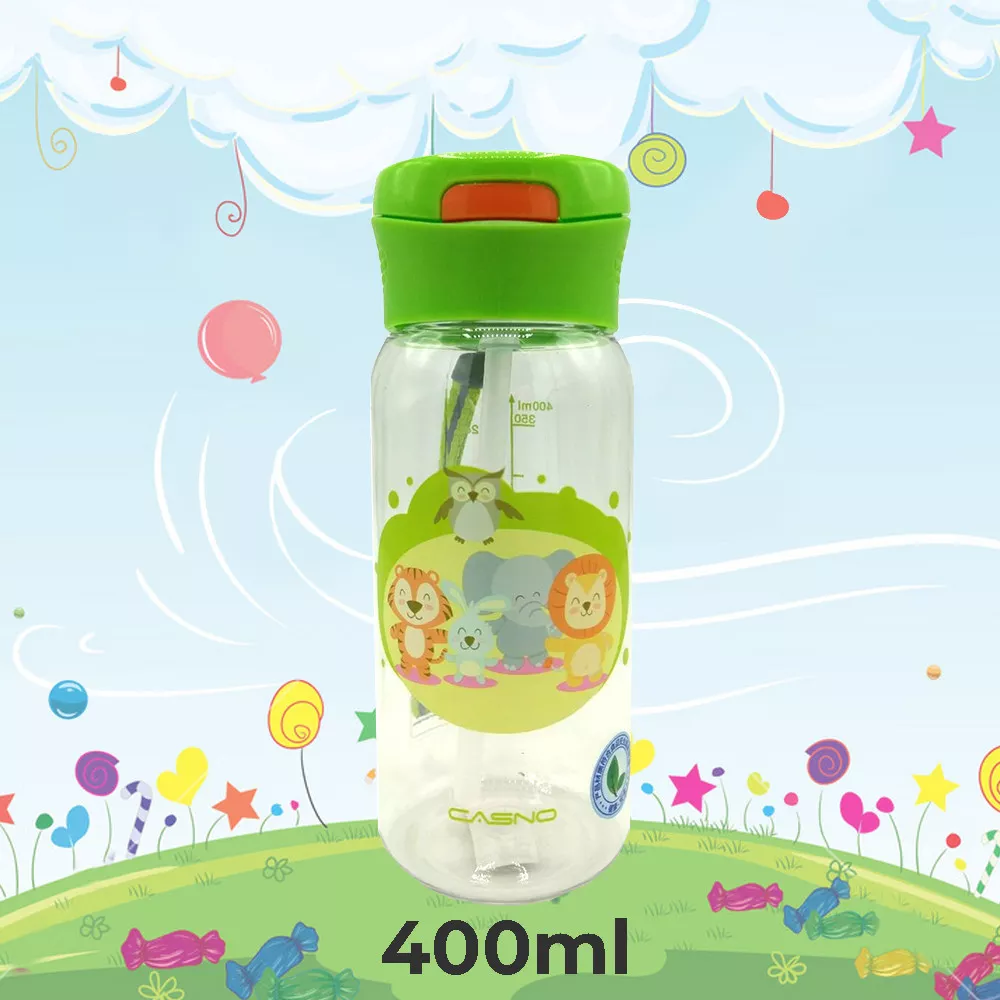 Пляшка для води CASNO 400 мл KXN-1195 Зелена (Малюки-звірятка) з соломинкою