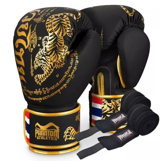 Боксерские перчатки Phantom Muay Thai Black Gold 10 унций (Бинты 4м. в подарок)